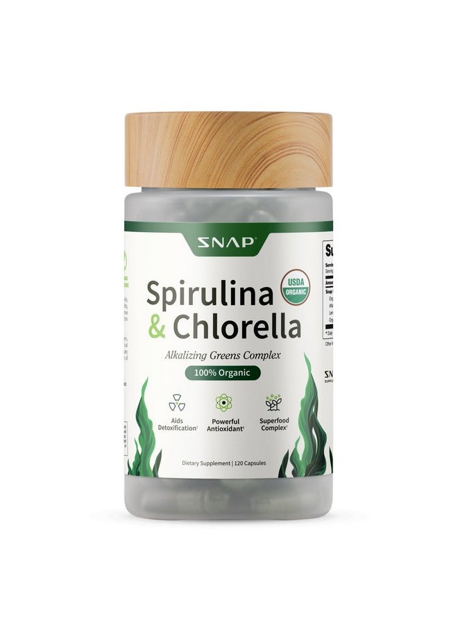 SNAP SUPPLEMENTS Snap Supplements Organic Spirulina and Chlorella Capsules, Chlorophyll and Protein Rich Blue Green Algae Superfood Supplement for Energy and Immune Support, Vegan, Non GMO, Greens Blend, 120 Capsules  - Image 1