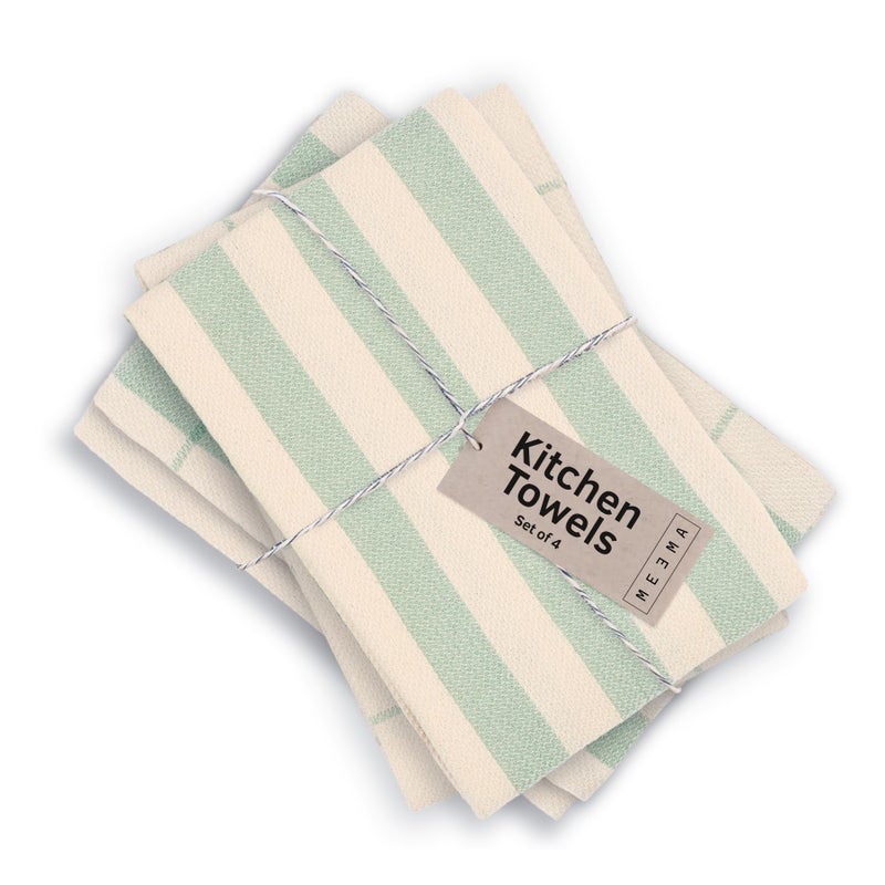 MEEMA Upcycled Kitchen Towels Cotton Fabric | Super Absorbent Hand Towels with Hanging Loop | Cleaning Rags and Dish Towels for Kitchen | Sage Green Stripes | Large 18 x 28 Inch | 4-Pack - Image 1