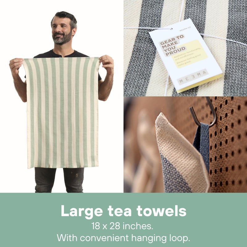 MEEMA Upcycled Kitchen Towels Cotton Fabric | Super Absorbent Hand Towels with Hanging Loop | Cleaning Rags and Dish Towels for Kitchen | Sage Green Stripes | Large 18 x 28 Inch | 4-Pack - Image 5
