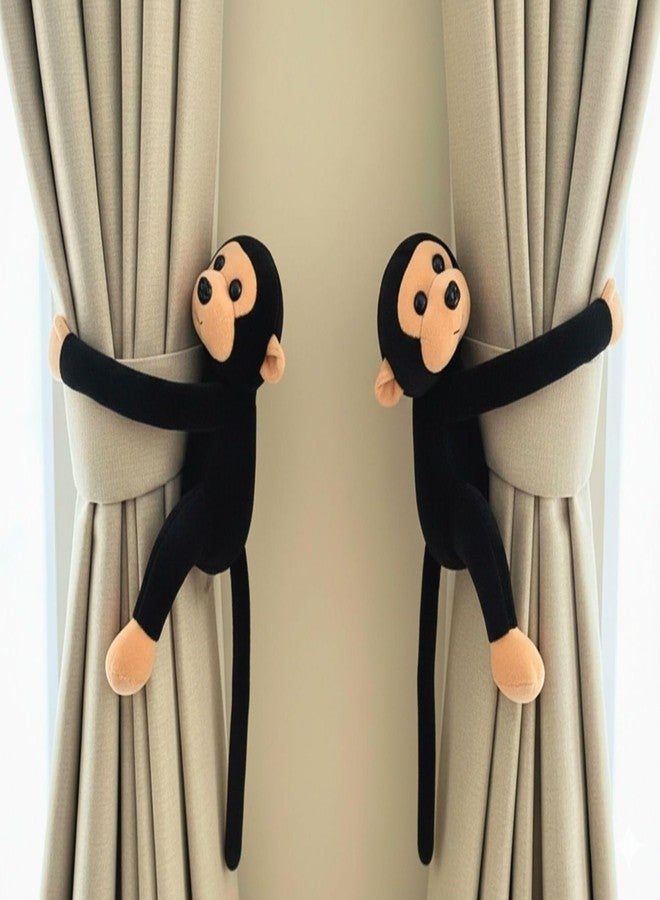 Tickles 2 Pcs Monkey Soft Plush Toy Curtain Tiebacks Holder Clip for Children Living Room Decoration Accessories Window Curtain Decoration (Size: 28 cm Color: Black) - Image 2