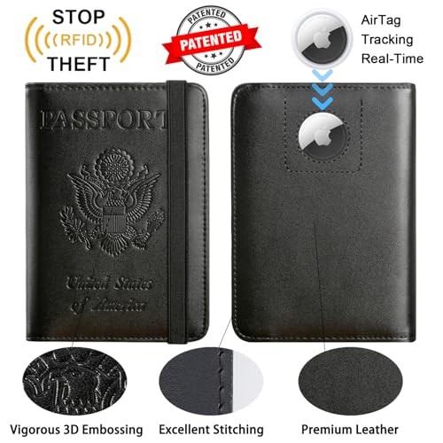 PASCACOO Airtag Passport Holder Cover Wallet Travel Essentials RFID Blocking Leather Card Case International Must Haves Travel Accessories for Women Men(119#Black) - Image 2