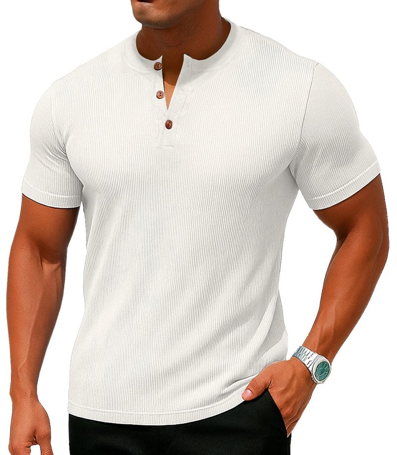 Sailwind Mens Muscle Henley Shirts Lightweight Workout T-Shirt Gym Tee Athletic Short Sleeve with Button White - Image 2