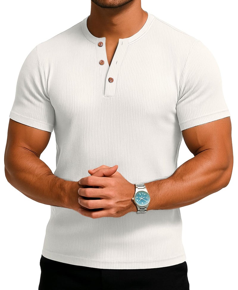 Sailwind Mens Muscle Henley Shirts Lightweight Workout T-Shirt Gym Tee Athletic Short Sleeve with Button White - Image 4