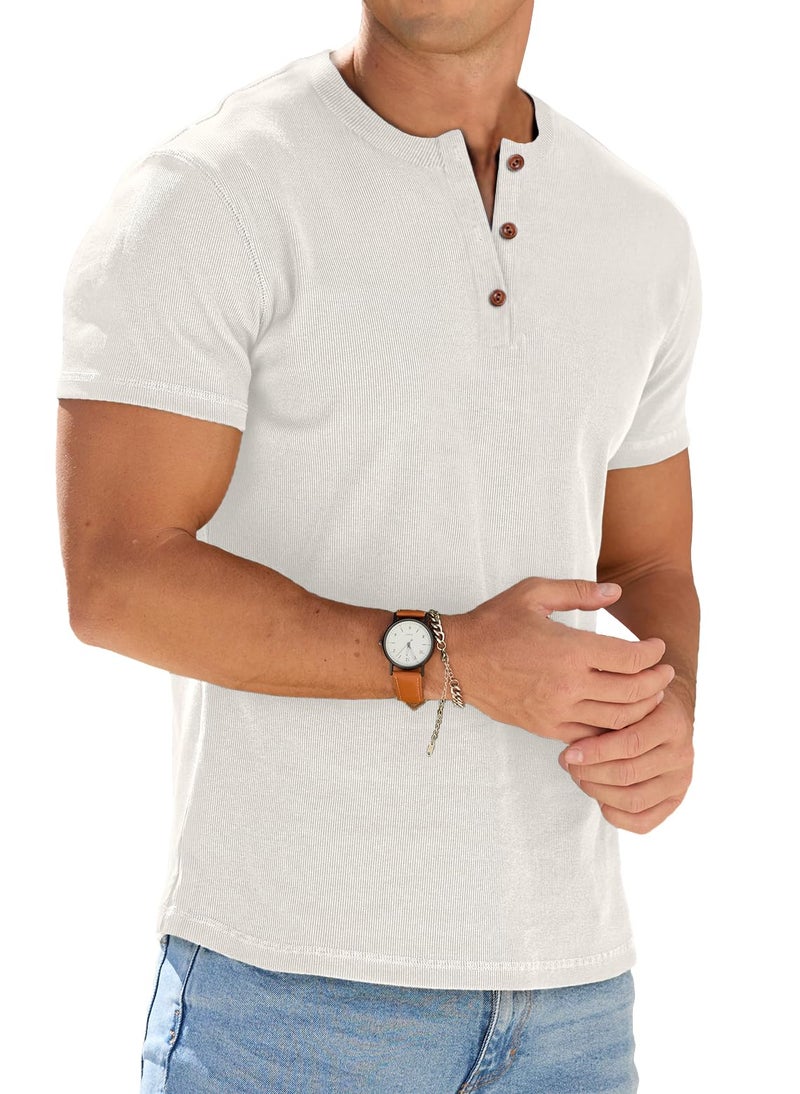 Sailwind Mens Muscle Henley Shirts Lightweight Workout T-Shirt Gym Tee Athletic Short Sleeve with Button White - Image 1