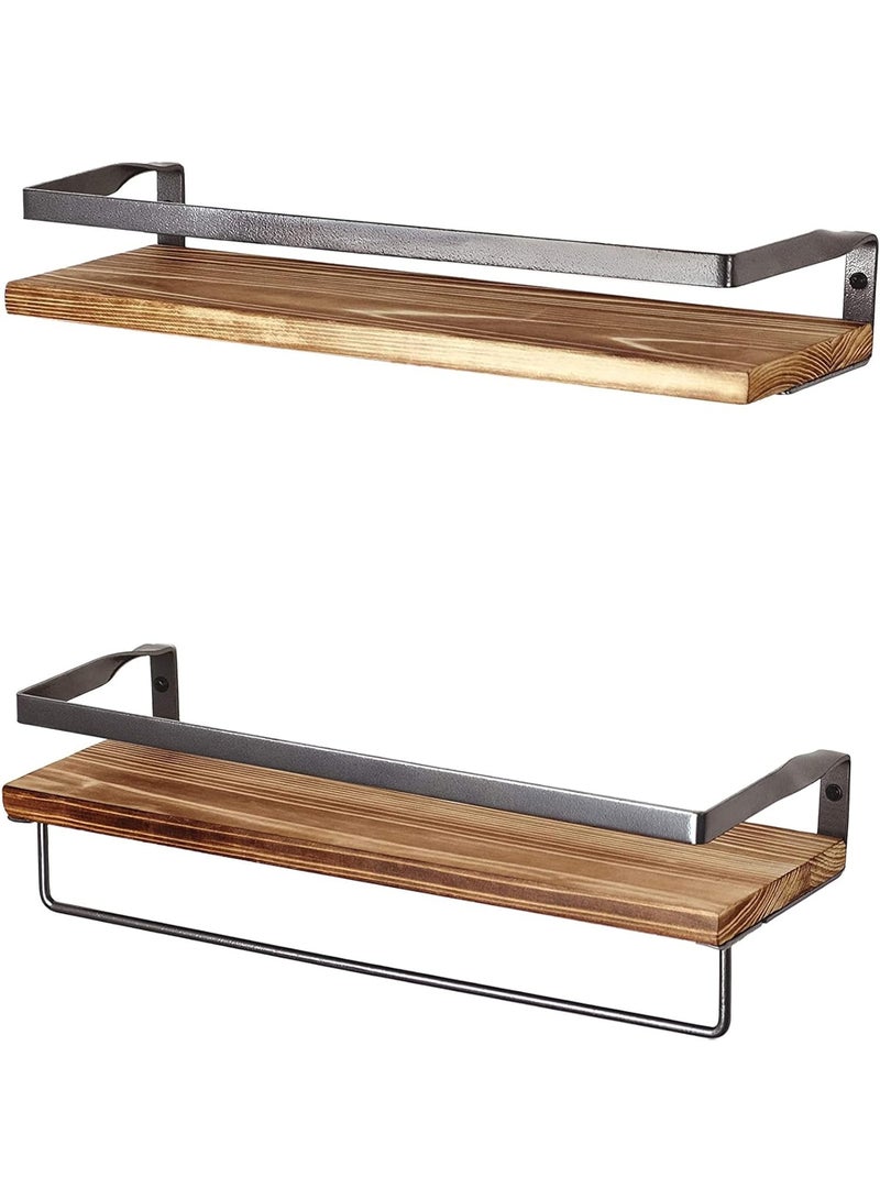 U-HOOME Floating Shelves Set of 2,Wall Mounted Bathroom Storage Shelf with Removable Towel Bar,Rustic Wood Floating Shelves with Metal Frame, Perfect for Kitchen, Bathroom Bedroom - Image 1