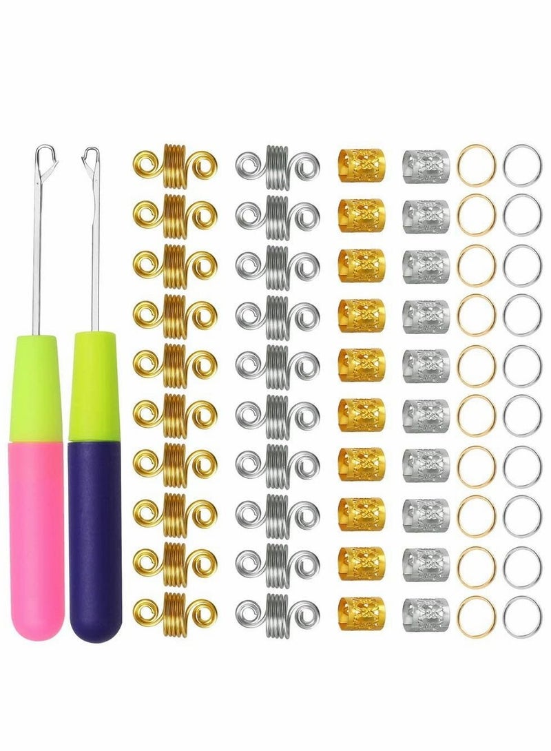 NIBEMINENT 2 Pcs Latch Hook Crochet Needles with 60 Dreadlocks Braiding Beads Hair Rings Gold Silver Metal Decoration Accessories for Braids - Image 1