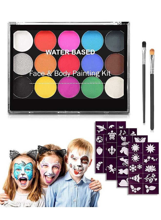 15 Color Face Painting Kit Set for Kids and Adult with 2 Brush and 40 Stencils Professional, Washable Paint Kit for Body and Face, Water Based Painting for Party, Cosplay, Costume Makeup Celebrations - Image 1