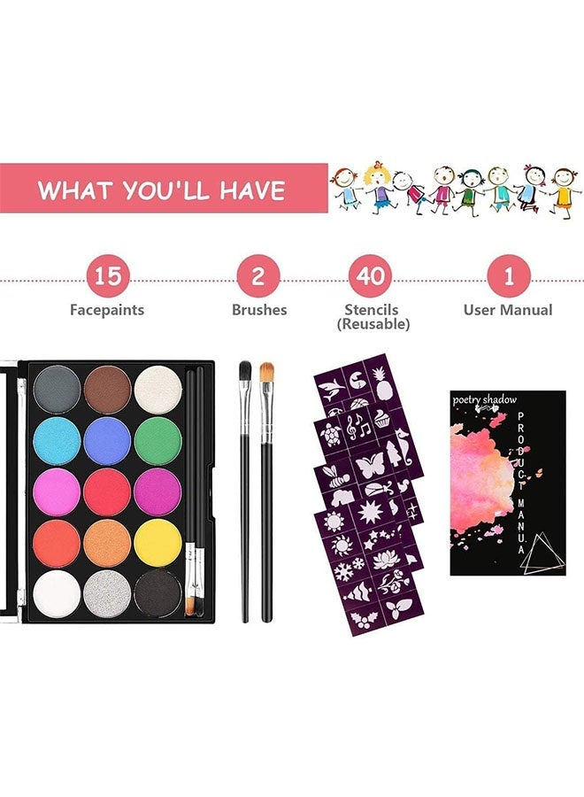 15 Color Face Painting Kit Set for Kids and Adult with 2 Brush and 40 Stencils Professional, Washable Paint Kit for Body and Face, Water Based Painting for Party, Cosplay, Costume Makeup Celebrations - Image 3