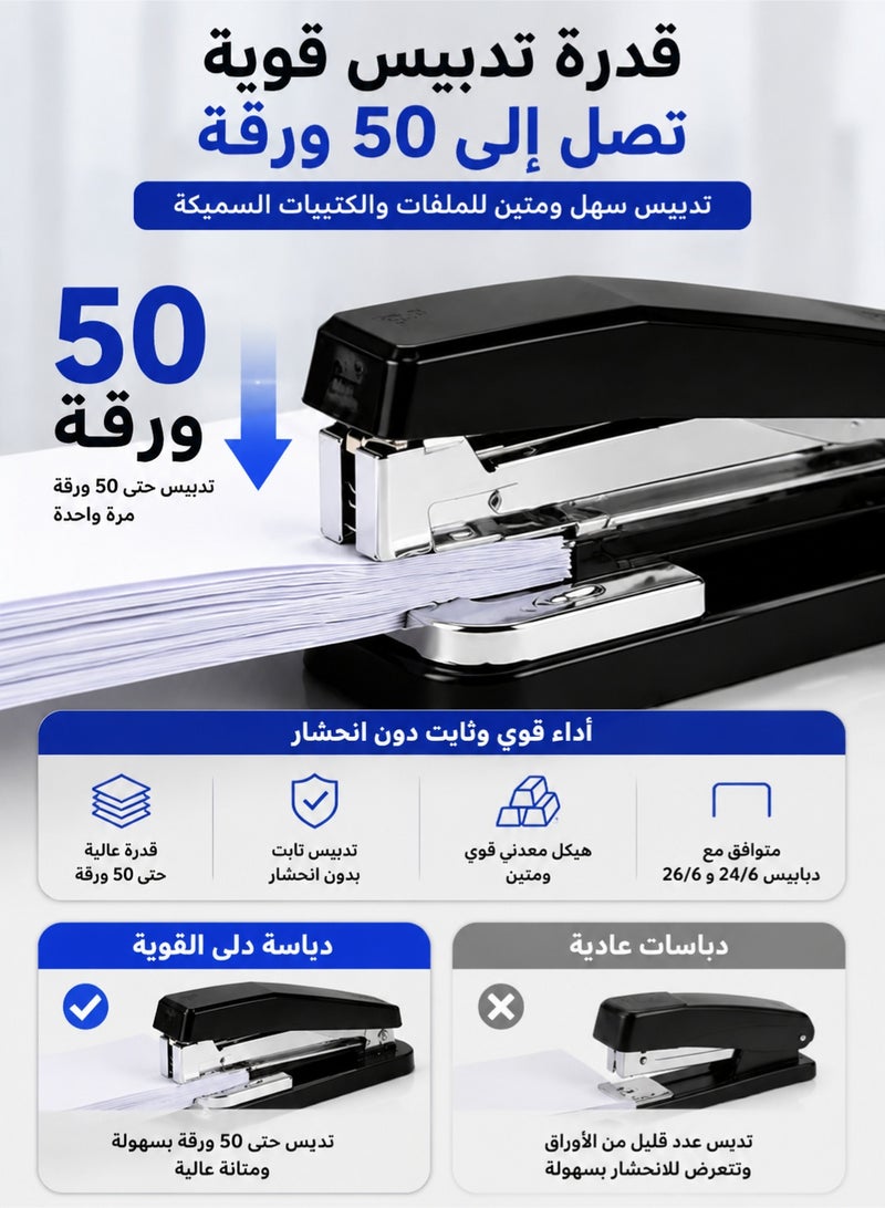 Deli Heavy Duty Stapler 50 Sheets Capacity, 180° Rotating Arm Office Stapler with 2500 Staples and Staple Remover, Metal Paper Stapler for Booklet Binding, School, Office and Home Use, Black - Image 3