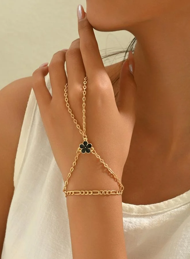 Take Two Take Two Gold Tone Flower Hand Chain Ring Bracelet