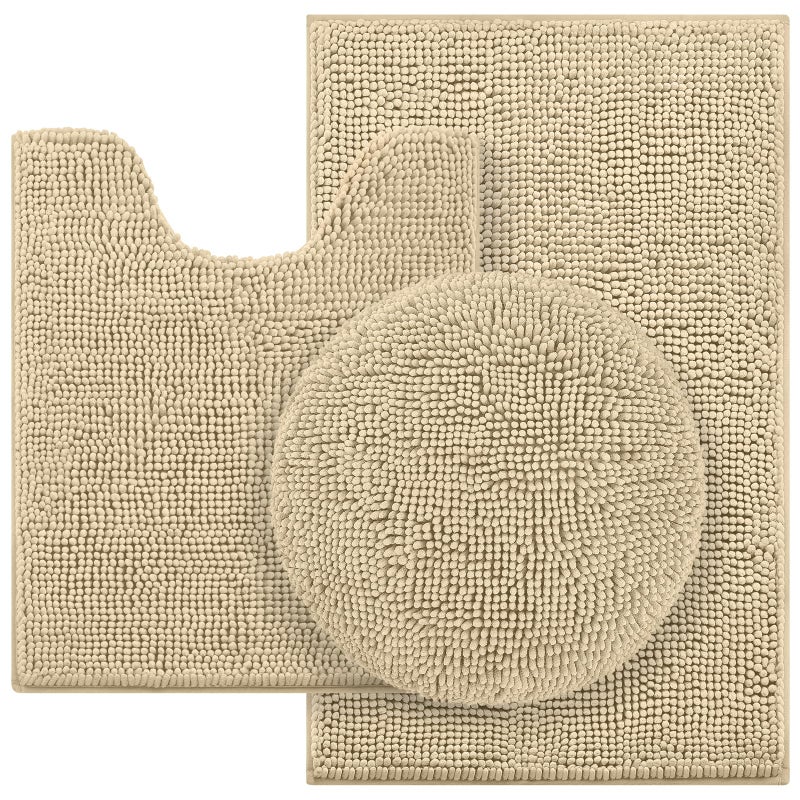 HOMEIDEAS 3 Pieces Beige Bathroom Rugs Set Ultra Soft Non Slip Bath Rug and Absorbent Chenille Bath Mat Includes UShaped Contour Rug Bath Mat and Toilet Lid Cover Perfect for Bathroom Tub