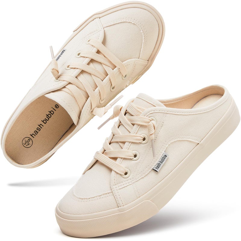 hash bubbie Women's Mules Comfortable Slip on Sneakers Tennis Shoes Summer Backless Canvas Shoes Close Toed Sandalsï¼ˆBeige,US6ï¼‰ - Image 1