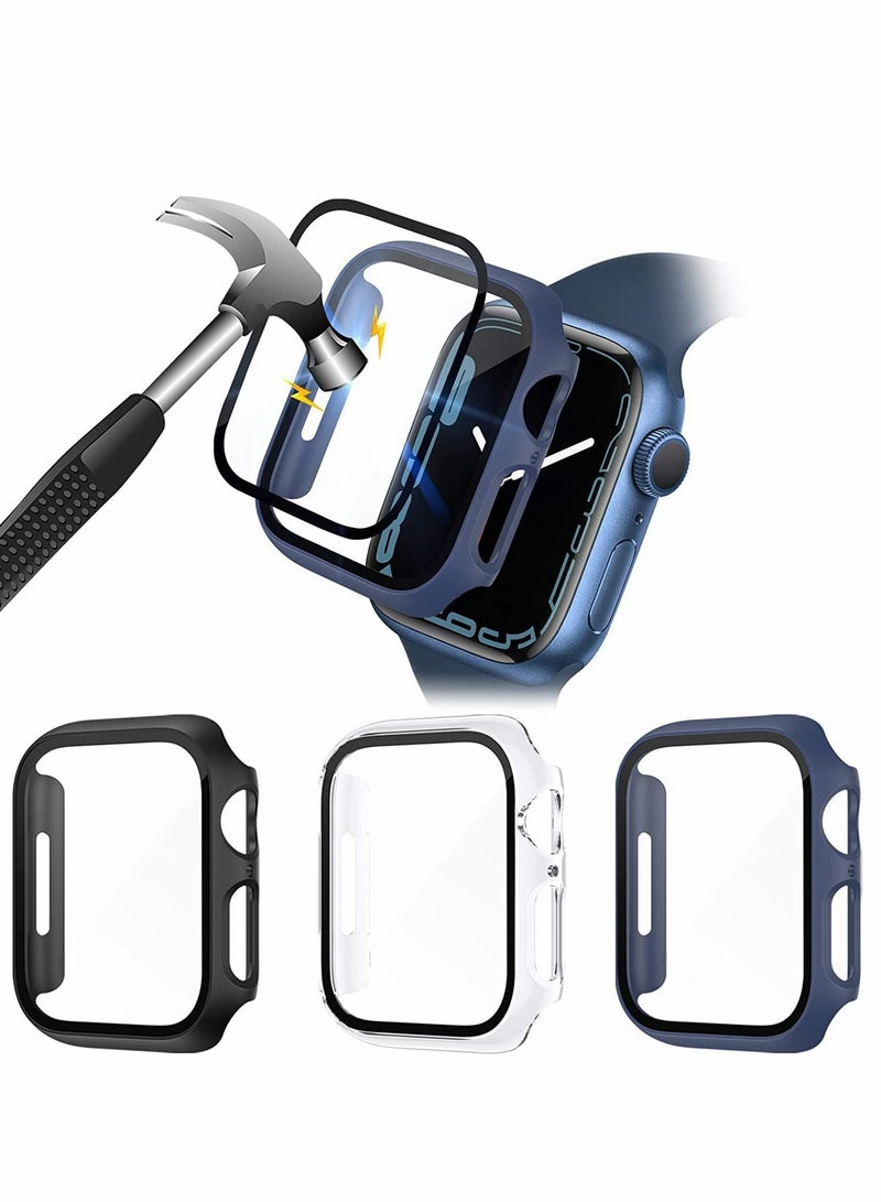 Excefore Hard PC Case Compatible with Apple Watch Series 7 45mm,Tempered Glass Screen Protector, Full Coverage, Touch Sensitive, Ultra-Thin HD Clear Bumper Protective Cover-Black/Clear/Blue - Image 1