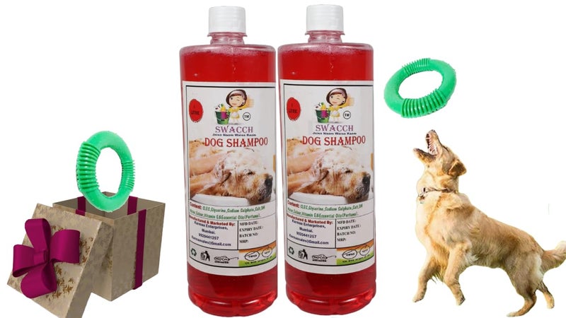 swacch Shampoo | Puppy Safe Shampoo | PH Balanced | Dog Shampoo 1 Litre Pack of 2 Strawberry + | O PVC Ring Rubber Chew Toy | Teething Chew Toy I Dental Teething I Durable I Combo Pack - Image 1