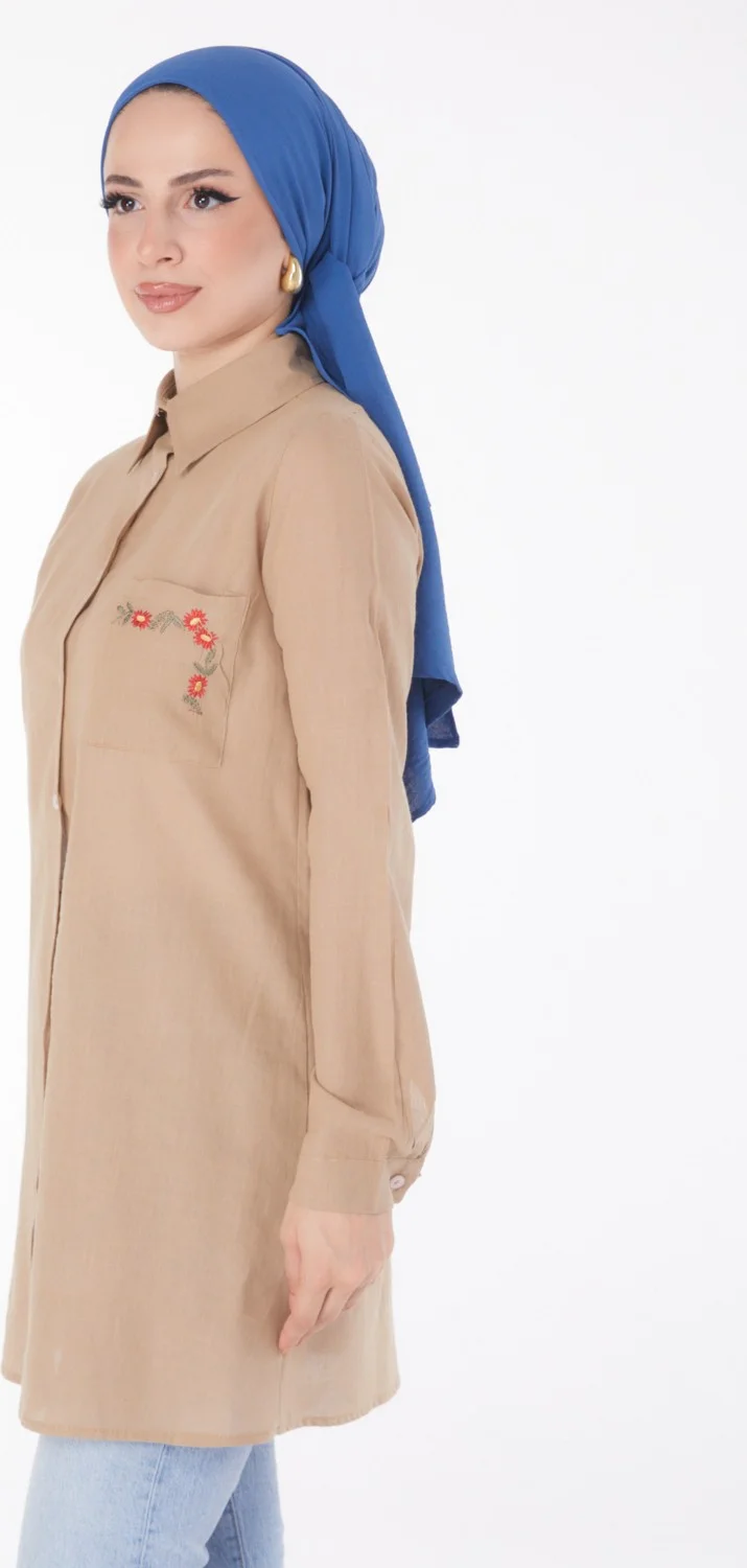 Tofisa Plain Shirt Collar Women's Mink Pocket Embroidery Detail Tunic - 13170