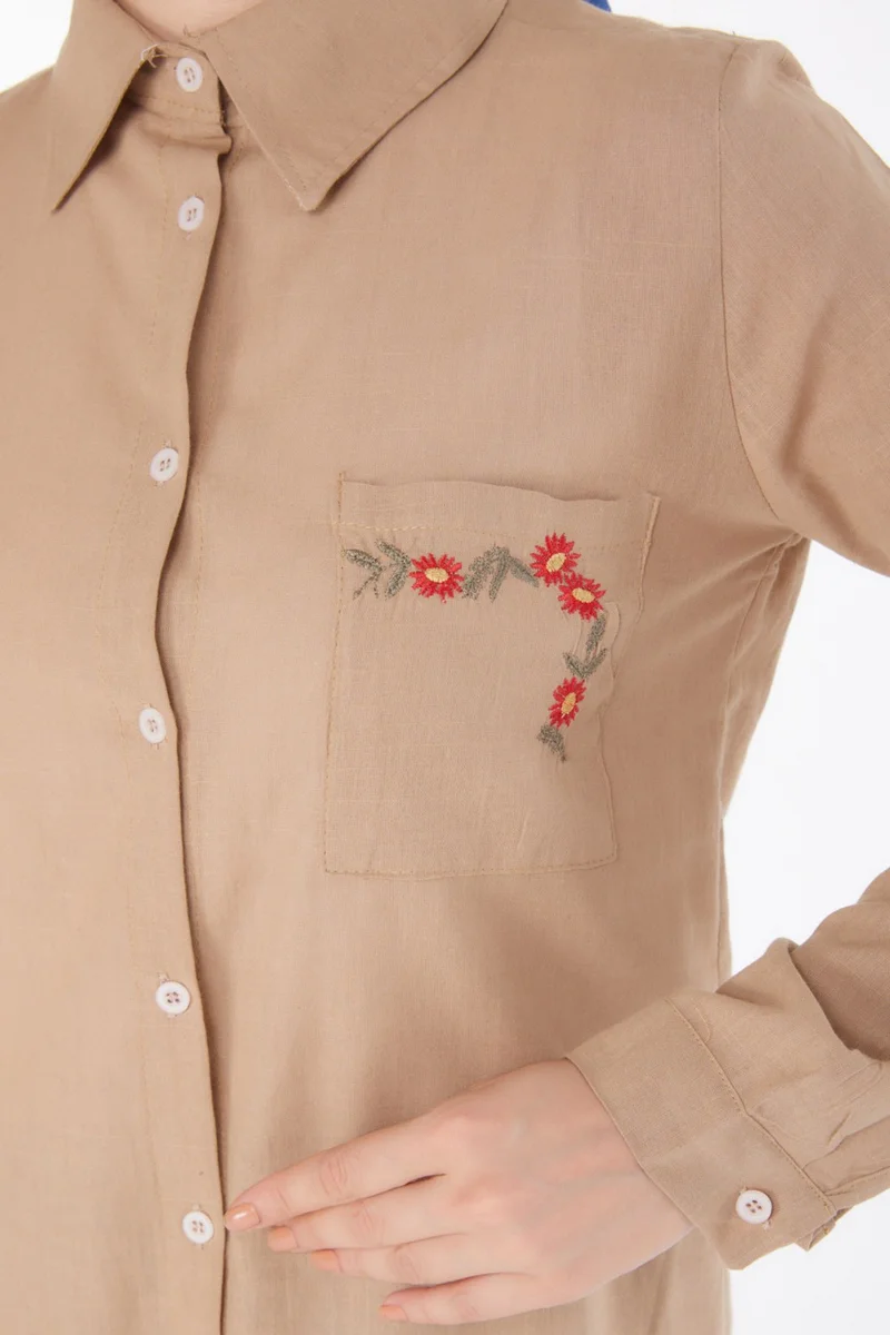 Tofisa Plain Shirt Collar Women's Mink Pocket Embroidery Detail Tunic - 13170