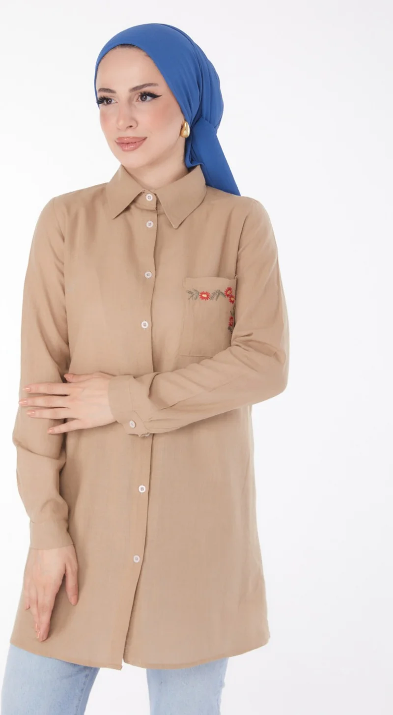 Tofisa Plain Shirt Collar Women's Mink Pocket Embroidery Detail Tunic - 13170