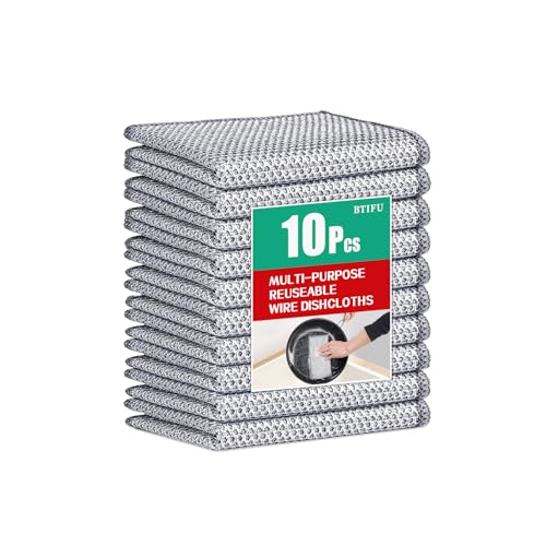 BTIFU 10Pcs Multipurpose Wire Dishwashing Rag, Reusable Non-Scratch Wire Dishcloth, Metal Dish Cloth Wet and Dry for Kitchen Cleaning, Sinks, Dishes, Stove Top, Dimensions(7.87X7.87) - Image 1