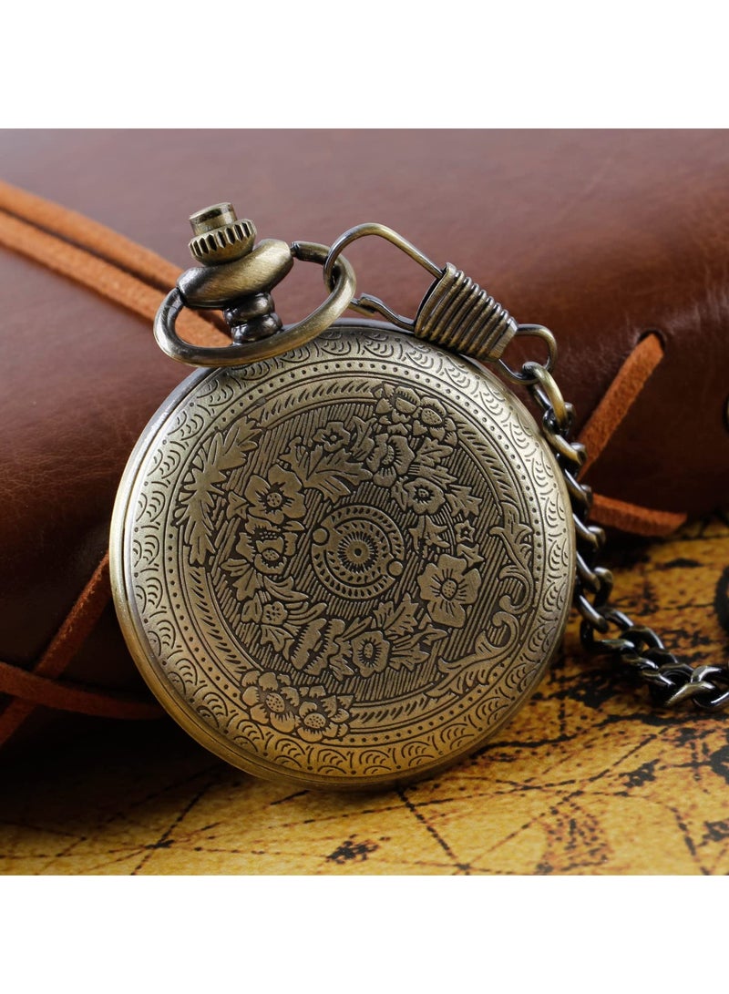 1 قطعة ساعة جيب برونزية مزخرفة بنمط الأزهار مقياس الأرقام العربية ساعة جيب كوارتز للرجال أو النساء سلسلة حزام - Image 5