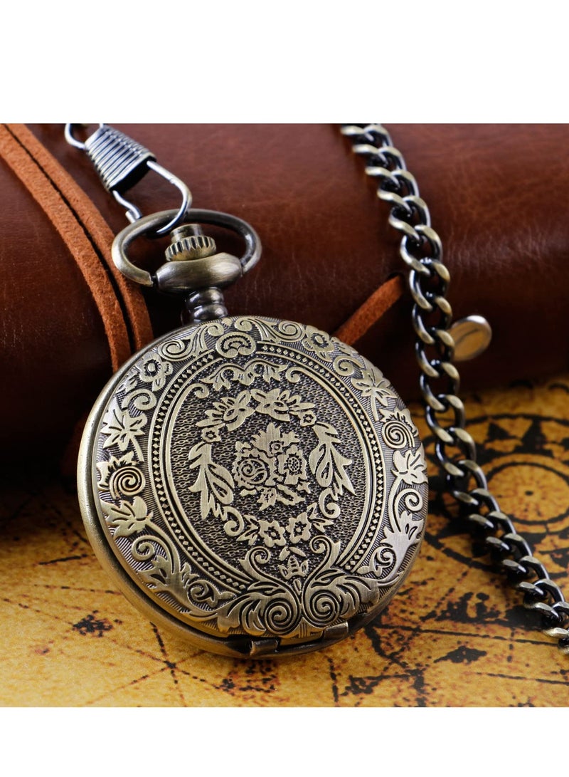 1 قطعة ساعة جيب برونزية مزخرفة بنمط الأزهار مقياس الأرقام العربية ساعة جيب كوارتز للرجال أو النساء سلسلة حزام - Image 4