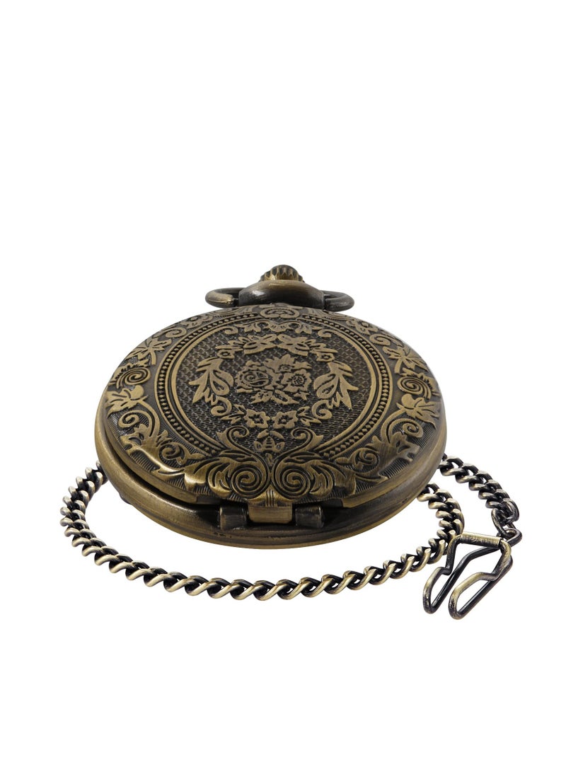 1 قطعة ساعة جيب برونزية مزخرفة بنمط الأزهار مقياس الأرقام العربية ساعة جيب كوارتز للرجال أو النساء سلسلة حزام - Image 1