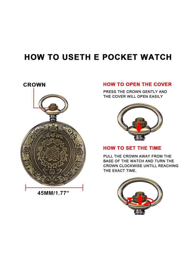 1 قطعة ساعة جيب برونزية مزخرفة بنمط الأزهار مقياس الأرقام العربية ساعة جيب كوارتز للرجال أو النساء سلسلة حزام - Image 3