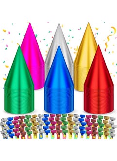 200 Pcs Colorful Birthday Party Hats And Party Blowers Set Cone Party Hats Horns Metallic Foil Paper Hats Noisemakers Blow Horns Whistle For Kids Children Boys Girls Birthday Party Supplies