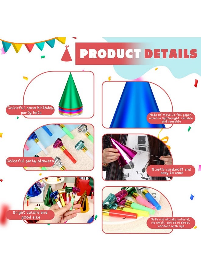 Sotiff - 200 Pcs Colorful Birthday Party Hats And Party Blowers Set Cone Party Hats Horns Metallic Foil Paper Hats Noisemakers Blow Horns Whistle For Kids Children Boys Girls Birthday Party Supplies - Image 1