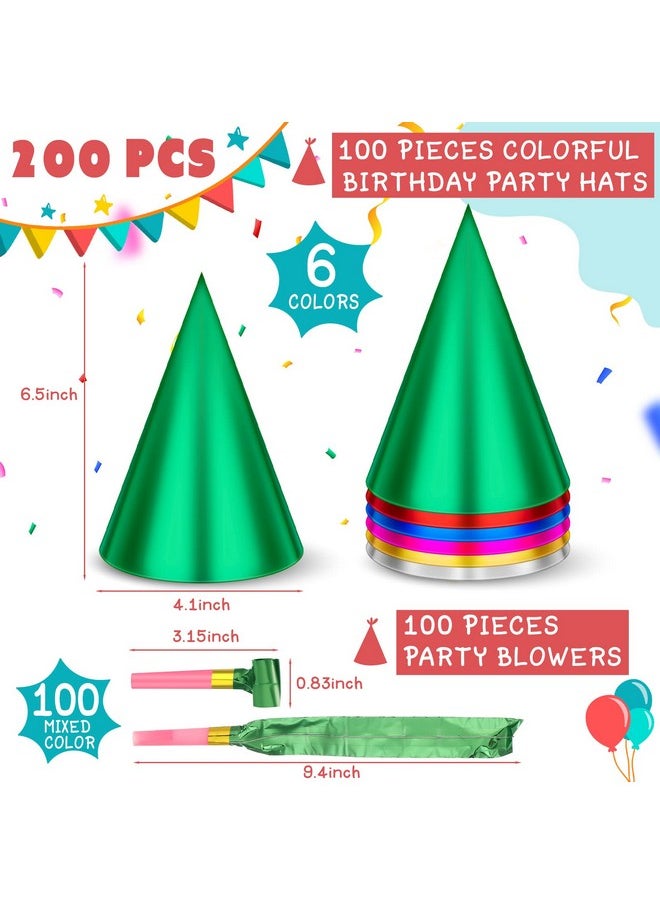 Sotiff - 200 Pcs Colorful Birthday Party Hats And Party Blowers Set Cone Party Hats Horns Metallic Foil Paper Hats Noisemakers Blow Horns Whistle For Kids Children Boys Girls Birthday Party Supplies - Image 1