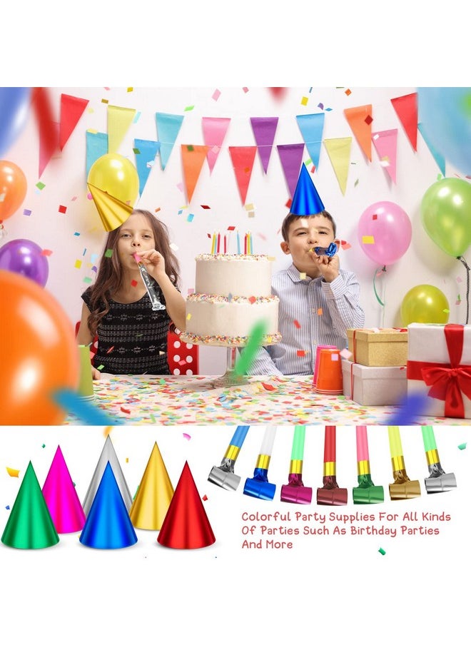 Sotiff - 200 Pcs Colorful Birthday Party Hats And Party Blowers Set Cone Party Hats Horns Metallic Foil Paper Hats Noisemakers Blow Horns Whistle For Kids Children Boys Girls Birthday Party Supplies - Image 1