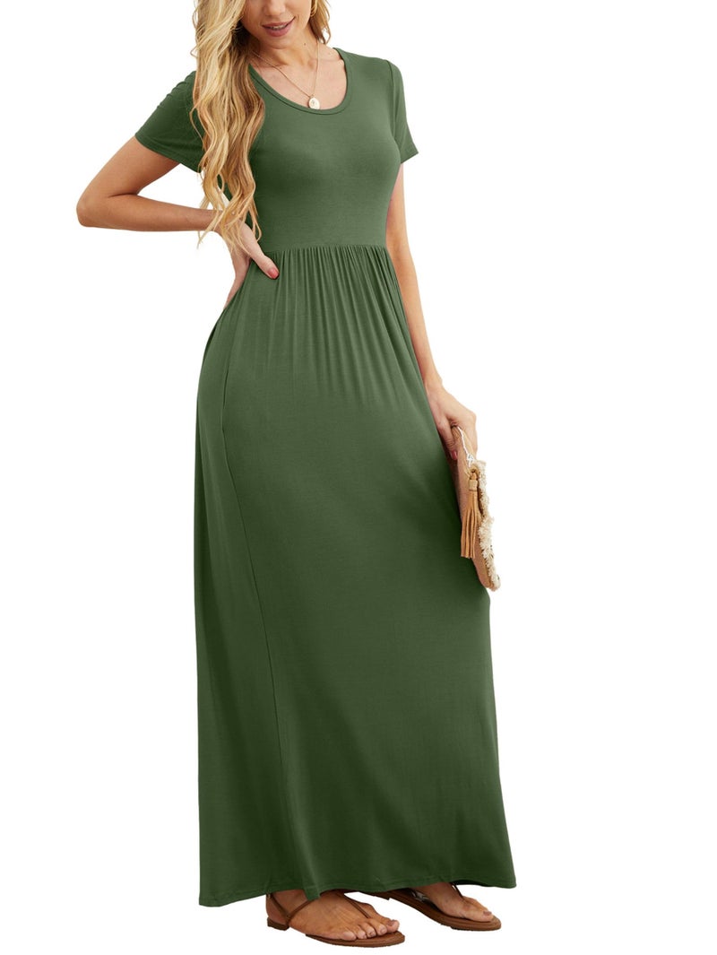 GRECERELLE Women Summer Crew Neck Casual Short Sleeve Long Maxi Dress with Pockets, Army Green, XL - Image 4