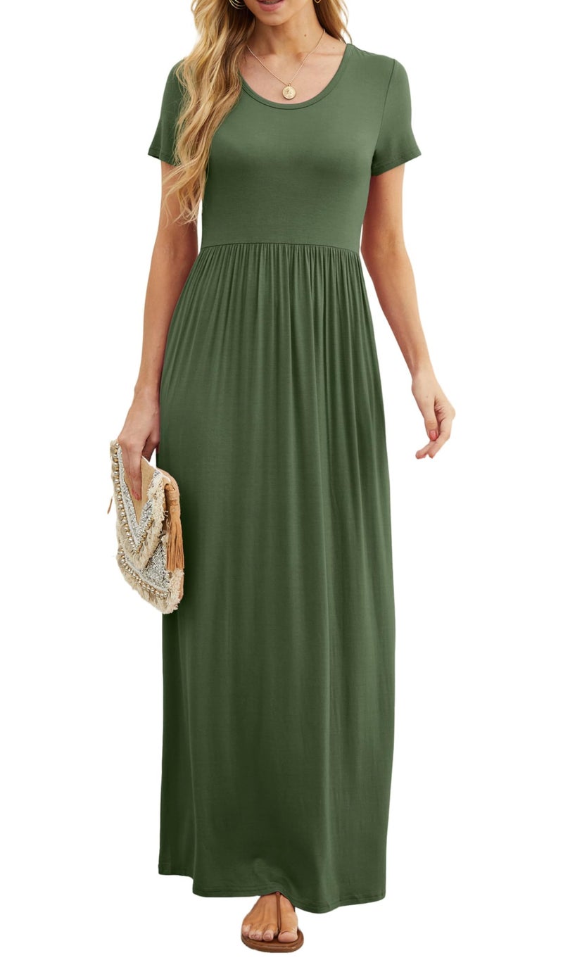 GRECERELLE Women Summer Crew Neck Casual Short Sleeve Long Maxi Dress with Pockets, Army Green, XL - Image 5