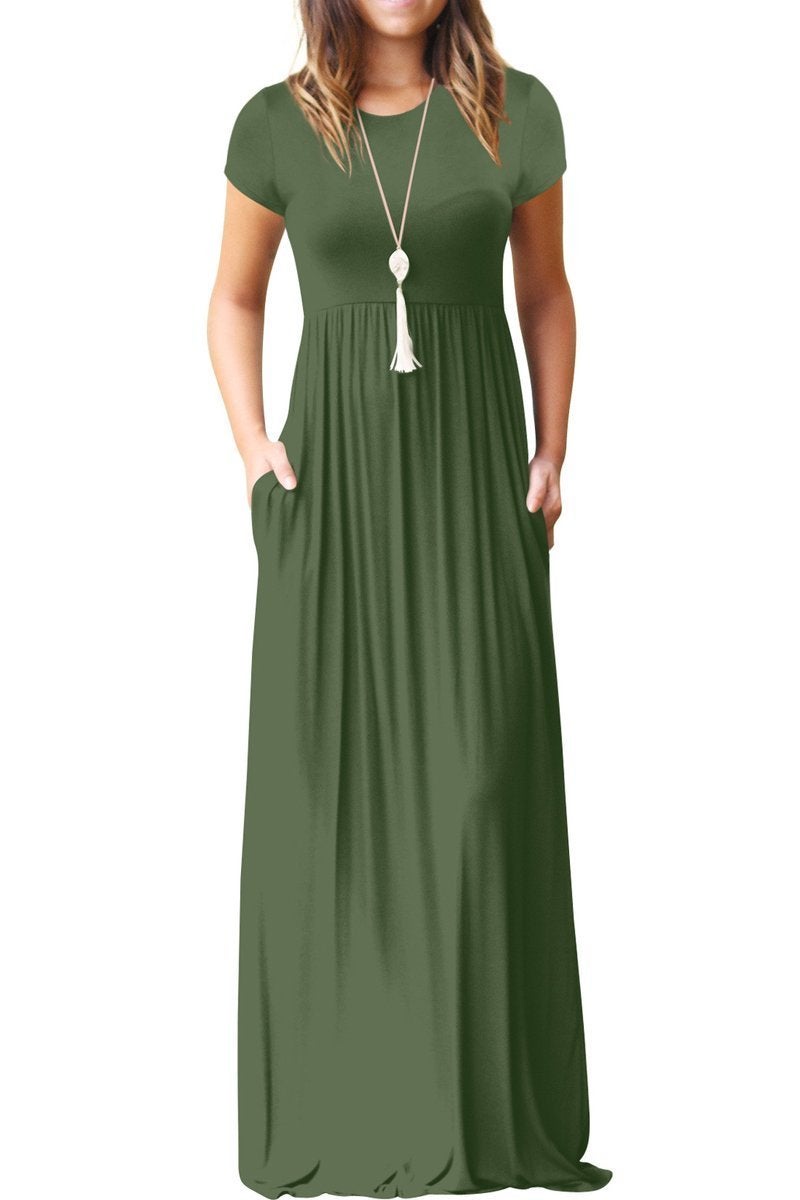 GRECERELLE Women Summer Crew Neck Casual Short Sleeve Long Maxi Dress with Pockets, Army Green, XL - Image 1