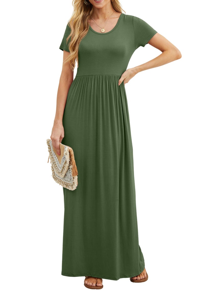 GRECERELLE Women Summer Crew Neck Casual Short Sleeve Long Maxi Dress with Pockets, Army Green, XL - Image 3