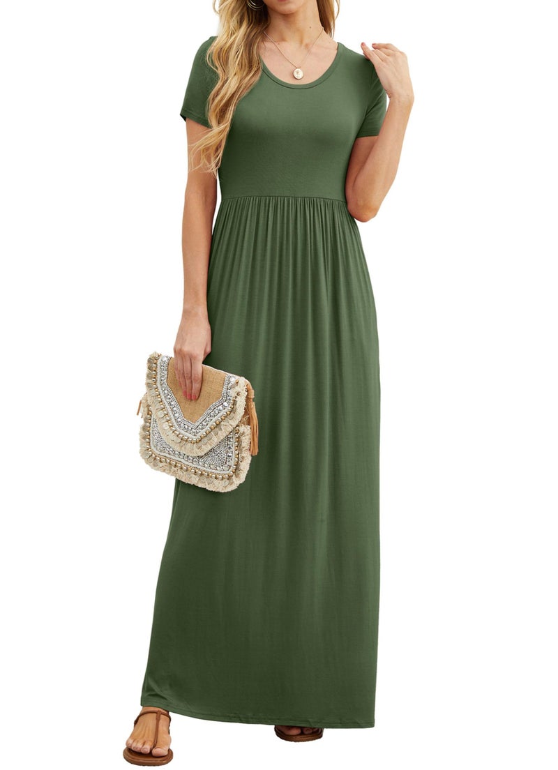 GRECERELLE Women Summer Crew Neck Casual Short Sleeve Long Maxi Dress with Pockets, Army Green, XL - Image 2