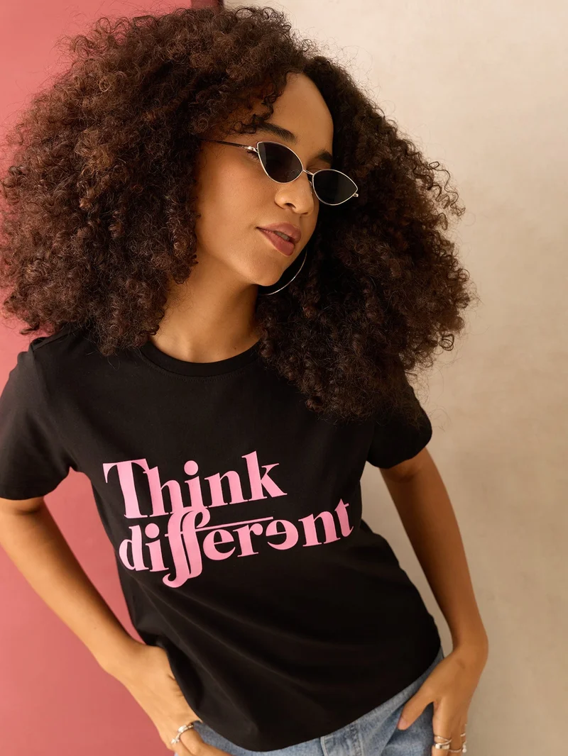 OUTZIDR Black Regular Fit Graphic Tshirt