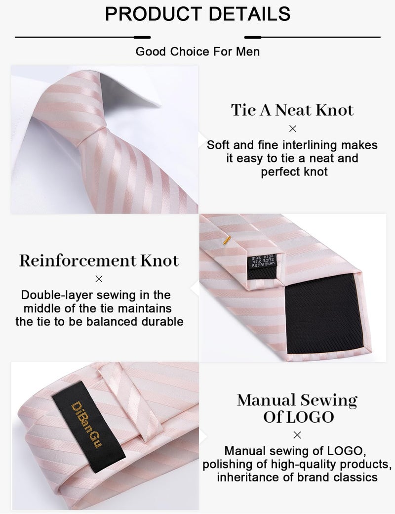 DiBanGu Mens Silk Necktie Solid Color Tie and Pocket Square Cufflink Tie Clip Set Woven Plain Ties for Men Wedding Party, Blush Pink - Image 5