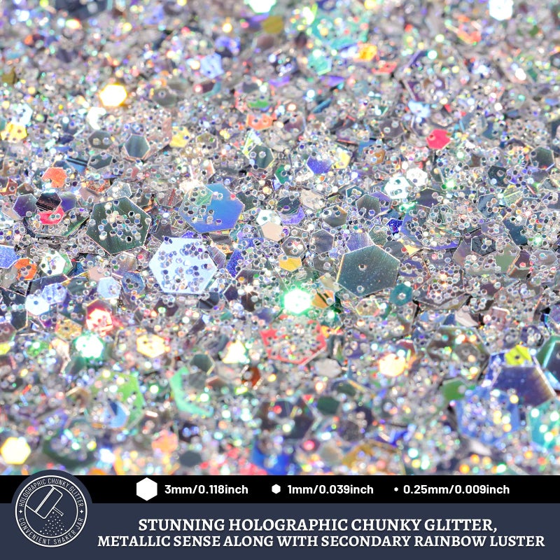 LEOBRO Silver Glitter, 160G/5.64OZ Holographic Chunky Glitter for Crafts, Resin, Body Nail Face Hair, DIY Decorations - Image 3
