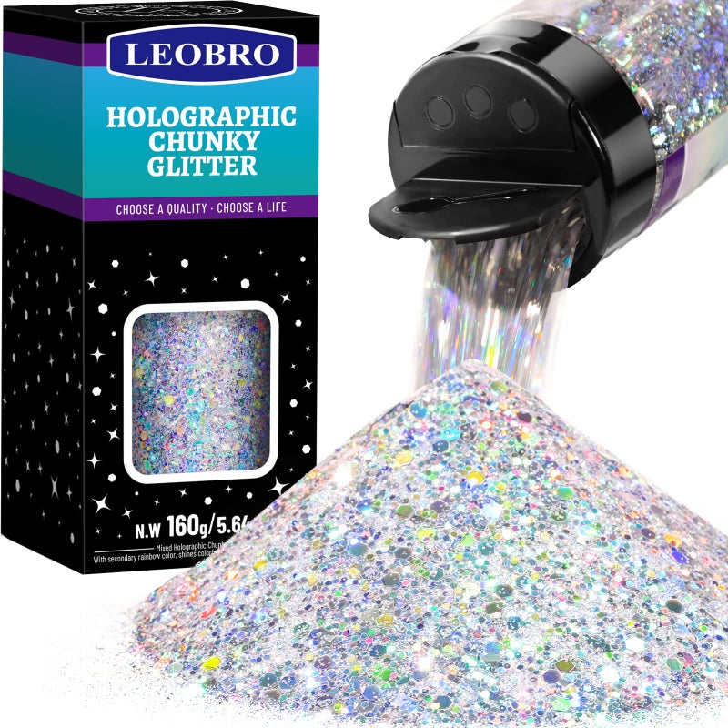 LEOBRO Silver Glitter, 160G/5.64OZ Holographic Chunky Glitter for Crafts, Resin, Body Nail Face Hair, DIY Decorations - Image 1