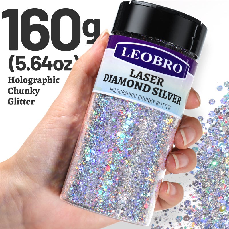 LEOBRO Silver Glitter, 160G/5.64OZ Holographic Chunky Glitter for Crafts, Resin, Body Nail Face Hair, DIY Decorations - Image 2