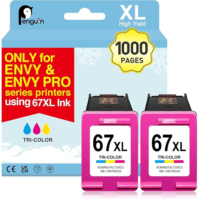 Penguin 67XL Remanufactured Ink Cartridge Replacement for 67 XL Compatible with 2852e 2855 2855e 4220e 4222e 4230e 4255 4255e 4258e Printers,2 Color Combo Pack High Yield, 900 Pages