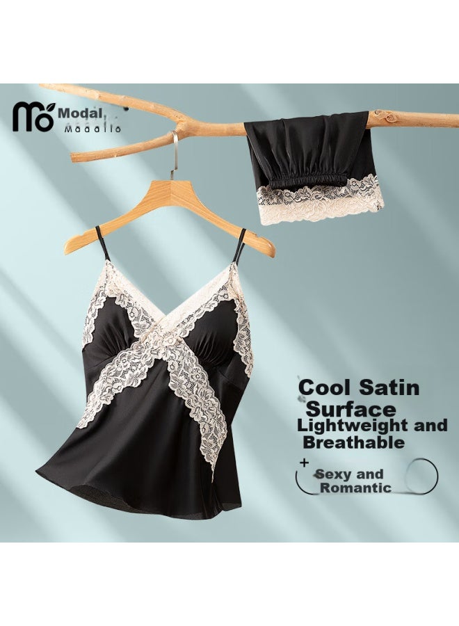 Madallo Valentine's Day Lingerie Women's Cooling Ice Silk Lace Camisole Three-piece Set With Built-in Bra Homewear - Image 2