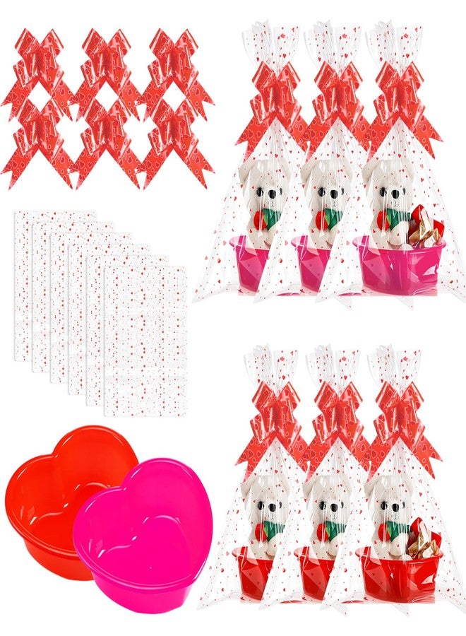 Threehoney 6 Set Valentines Day Heart Basket Plastic Empty Gifts Baskets with Cellophane Bags and Pull Bows Ribbons for Valentine Gift Filling (Red, Pink) - Image 1