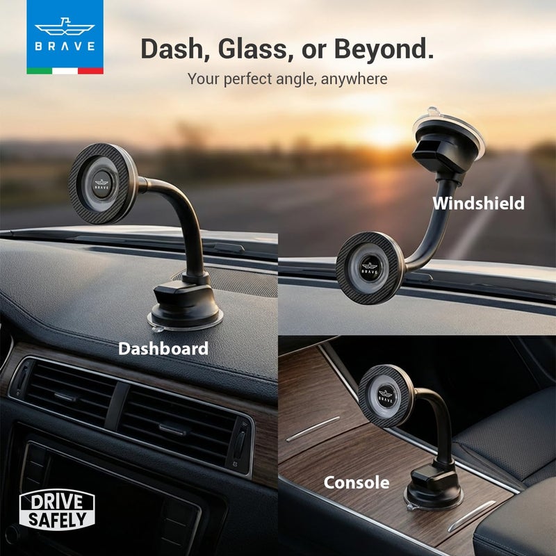 BRAVE Magnetic Car Phone Holder Dashboard & Windshield Mount | Super Strong N54H Magnets & Flexible Gooseneck Long Arm Magsafe Car Mount | 360° Rotation Suction Cup Phone Stand - Black (BHL-57) - Image 2