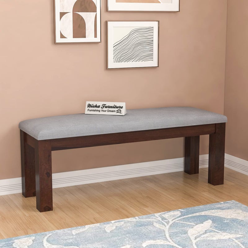 NISHA FURNITURE NISHA FURNITURE Solid Sheesham Wood Bench with Grey Upholstery for Living Room Home Balcony and Outdoor Bench for Sitting Dining Bench Walnut Finish  - Image 1