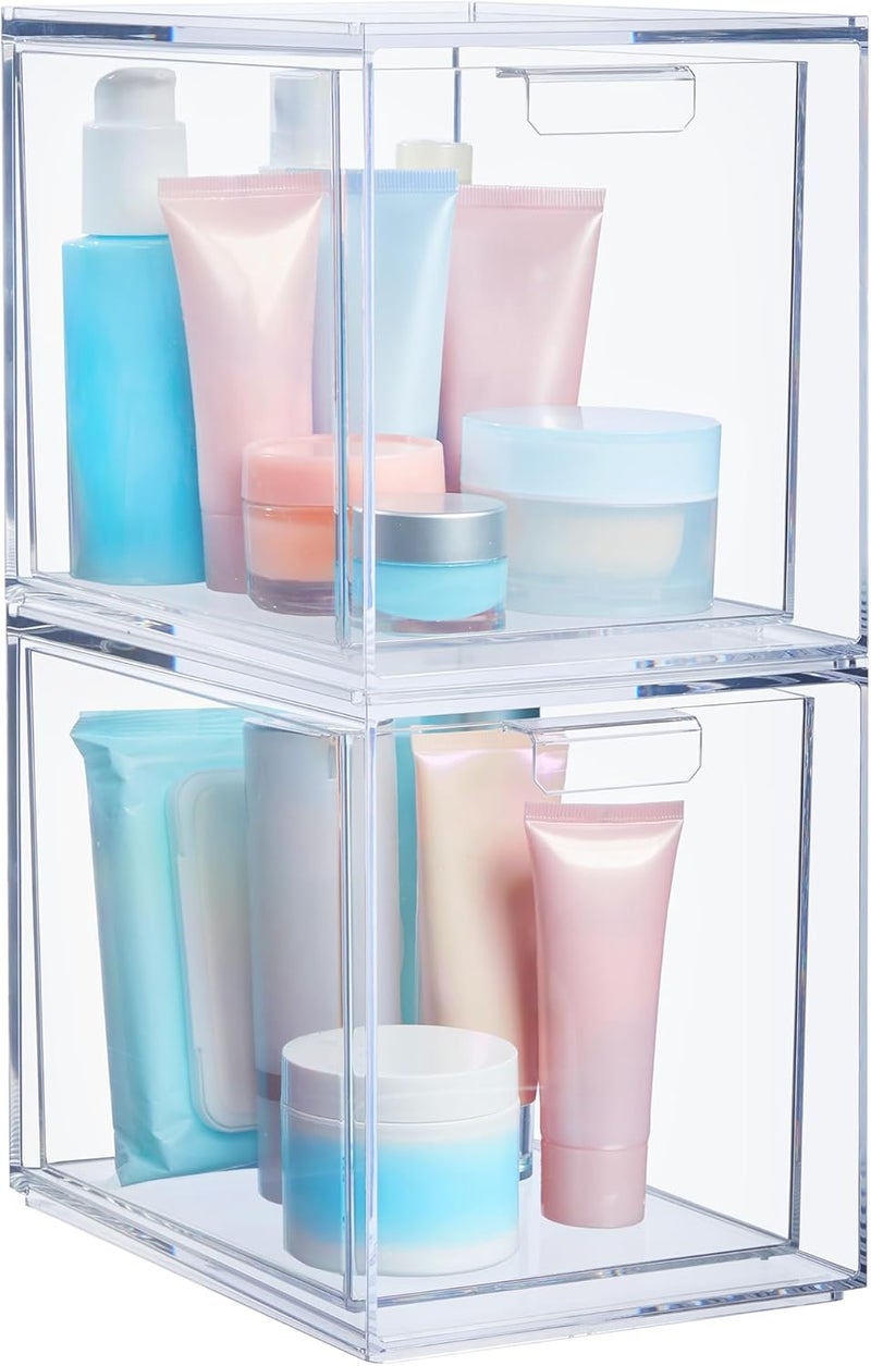 STORi Audrey Stackable Bin Clear Plastic Organizer Drawers | 2 Piece Set | Organize Cosmetics and Beauty Supplies on a Vanity | Made in USA - Image 1