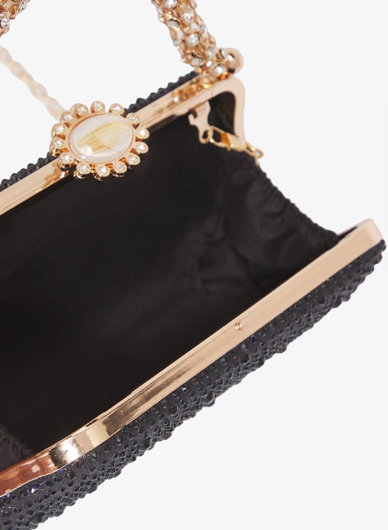 Khizana Rhinestone Embellished Gold Detail Top Handle Clutch - Image 5