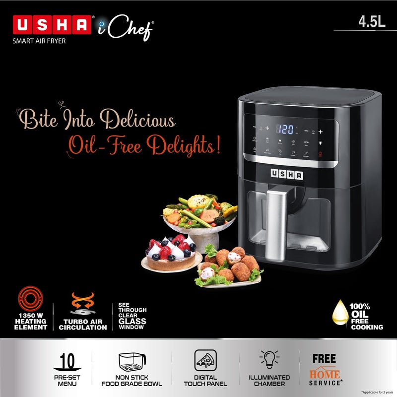 Usha Ichef Smart Air Fryer 4.5L,10 In 1 Functions10 Preset Menu|Digital Display&Touch Panel|Transparent Window|Illuminated Chamber|Turbo Air Circulation|Oil Free Cooking|Auto Pause/Start(Black),1350W - Image 2