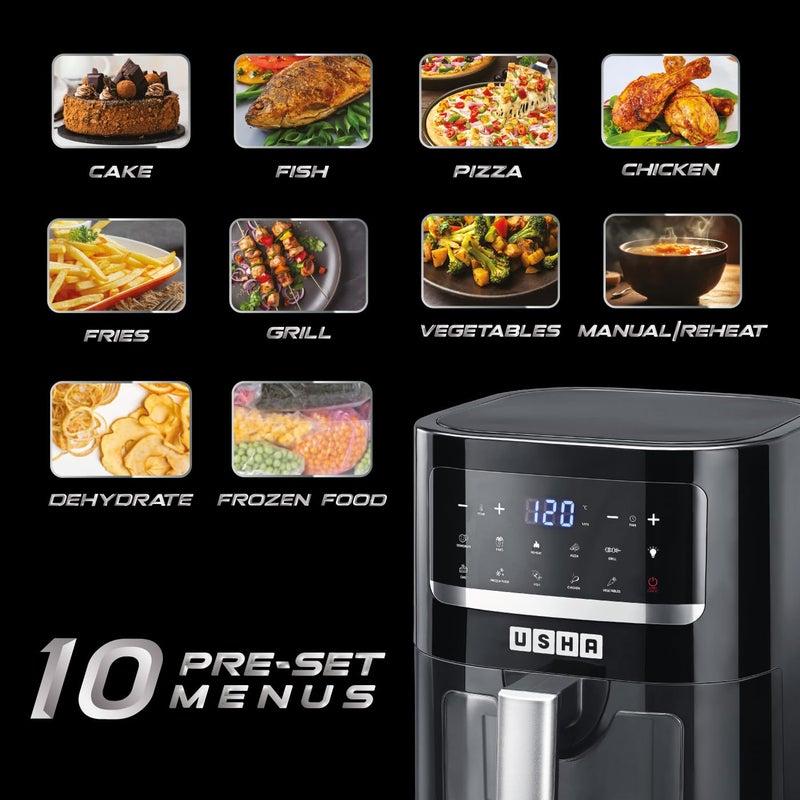Usha Ichef Smart Air Fryer 4.5L,10 In 1 Functions10 Preset Menu|Digital Display&Touch Panel|Transparent Window|Illuminated Chamber|Turbo Air Circulation|Oil Free Cooking|Auto Pause/Start(Black),1350W - Image 5