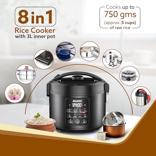 AGARO Regal Electric Rice Cooker, 3 Litres Ceramic Inner Bowl, 750gms (approx. 5 cups) raw rice, SS Steamer, Preset Cooking Functions, Preset Timer, Keep Warm Function, LED Display, Black - Image 2